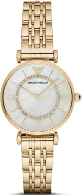 A close-up studio shot of a gold Emporio Armani women's watch with a white mother-of-pearl dial and diamond accents.