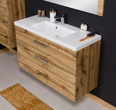 Produktbild von Badmöbel Genua 100 cm, Waschtischunterbau mit 3 Schubladen, Eiche Natur, Waschtischunterbau montiert