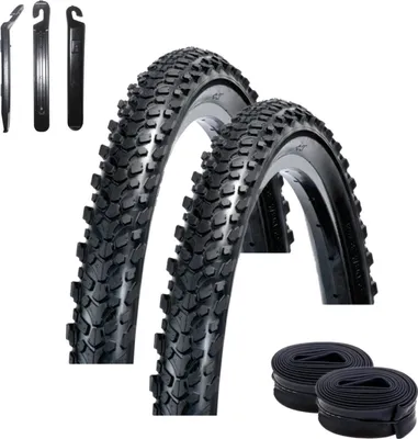 Image de 2 pneus de vélo Rexway Rough Rider MTB Reflex 54-559 (26 x 2,125) + 2 chambres à air AV assorties, 3 démonte-pneus inclus