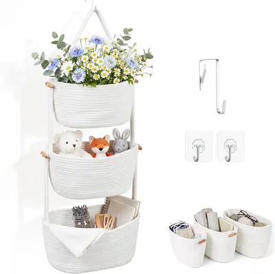 Productafbeelding van Afneembare hangorganizer van katoenen touw - 3-traps hangmand voor deur en muur - Witte wandmand voor badkamer