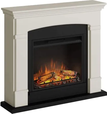 A white electric fireplace with a black insert and glowing logs.