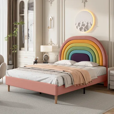Produktbild von Rosa 140x200cm Kinderbett (Ohne Matratze) Samt Polsterbett mit Lattenrost und Kopfteil, Jugendbett Holzlattenunterstützung höhenverstellbares Kopfteil