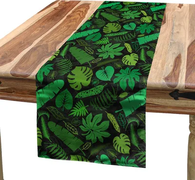 Zdjęcie produktu dla ABAKUHAUS Bieżnik na stół „Dżungla”, wzór z różnymi sylwetkami liści leśnych, 40 x 180 cm, kolor zielony paprociowy