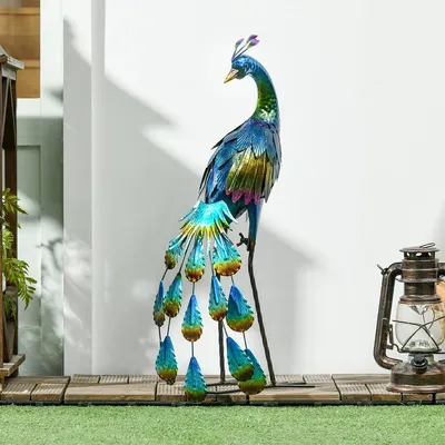 Produktbild von Gartenfigur Handbemalt Gartenstatue Pfau Dekoratives Outdoor-Ornament Gartendekoration für Balkon Terrasse 25 x 29 x 59 cm Mehrfarbig
