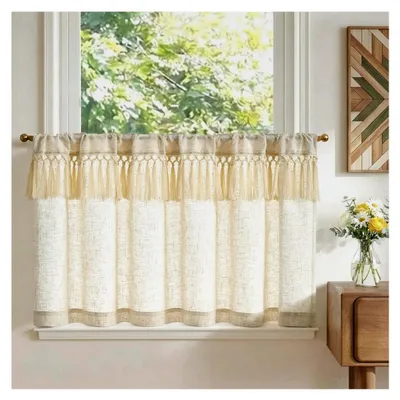 Produktbild von Scheibengardinen im Landhausstil, Küchengardinen in Leinenoptik, 60 cm hoch, lichtdurchlässig, beige, 1er Set H60xB125 cm