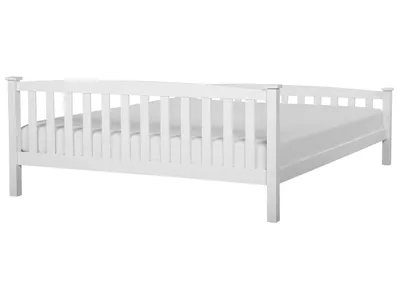 A white wooden bed frame with a mattress, shown from a side-diagonal angle against a white background.