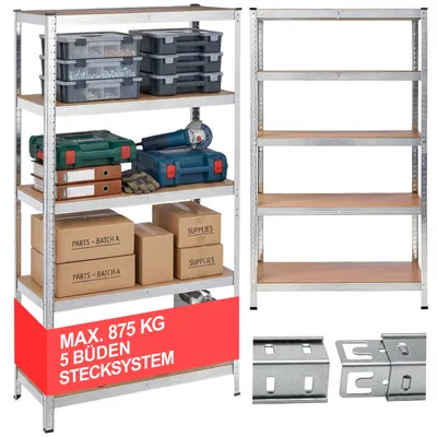Produktbild von Schwerlastregal 180x90x40 cm, Steckregal 875 kg, 5 MDF-Böden Metallregal verzinkt, Kellerregal Garagenregal Werkstattregal, höhenverstellbar, Werkbank