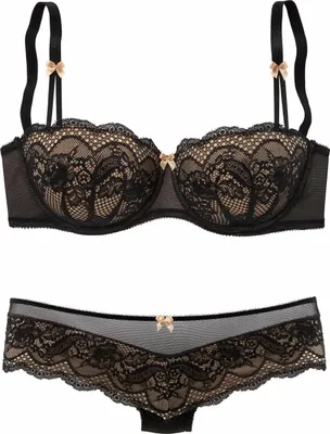 A black and caramel lace bra and panty set is displayed against a white background.