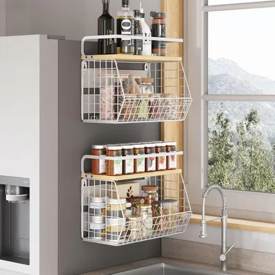 Produktbild von Hängende Wand Obstschale - 2-teilig - Weiß - Metall mit Holzregal