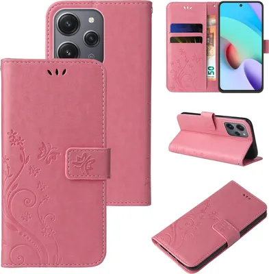 Produktbild von Handyhülle für Xiaomi Redmi 12 Floral Blumen Schmetterling Flip Cover Hülle Case Klapphülle Handytasche Farbe: Rosegold