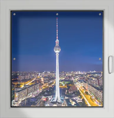 Produktbild von Wallario Lichtschutzbild, Dekorativer Sichtschutz Sonnenschutz 96 x 93 cm mit Motiv: Fernsehturm Berlin bei Nacht - Verdunklung ohne Bohren
