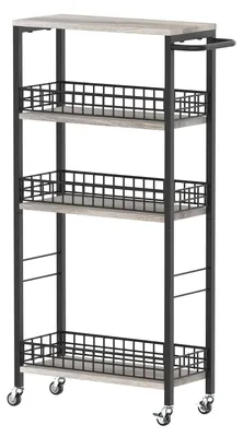 Image de Chariot de service étroit à 4 étages, chariot de cuisine étroit sur roulettes, chariot de service, étagère d'angle sur roulettes avec plateau en bois pour bureau, petites pièces, cuisine, salon, bureau, gris