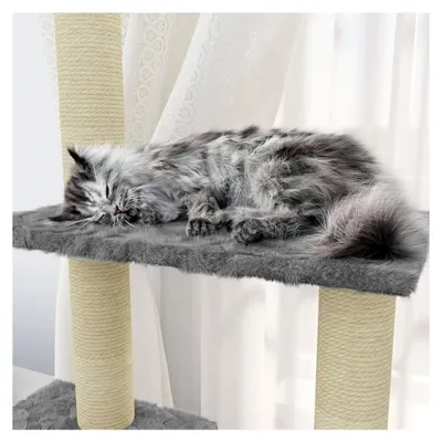 Produktbild von Katzenkratzbaum mit Sisal-Kratzsäulen in Hellgrau, 155 cm, Katzenmöbel und Kratztonne für Katzen