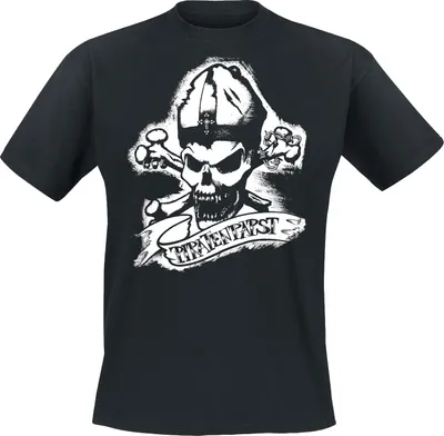 Produktbild von Schwarzes Piratenpapst T-Shirt mit schwarz/weißem Totenkopf-Frontdruck