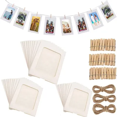 Zdjęcie produktu dla Ramki na zdjęcia z papieru, z drewnianymi klipsami i sznurkiem, o wymiarach 10 x 15 cm, zestaw 30 sztuk, do dekoracji ścian
