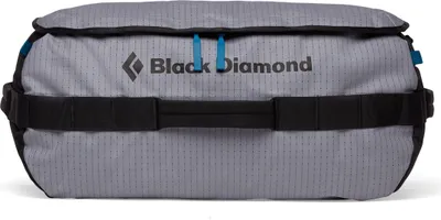 Stonehauler 60 L Duffel von Black Diamond in grau mit blauen Akzenten und einem stabilen Tragegurt.