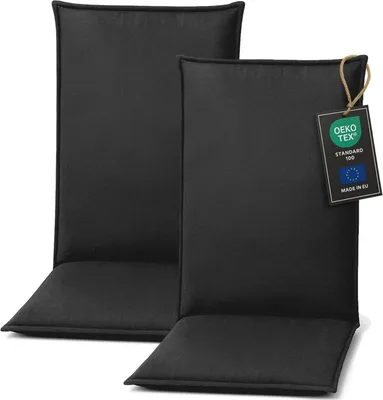 Two black high-back chair cushions are shown against a white background. A tag is attached to the right cushion.