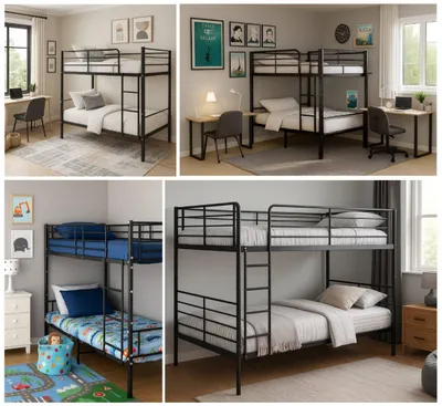 Collage of four images showing different metal bunk beds in bedroom settings.