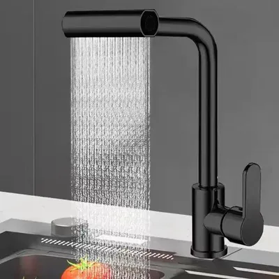 Produktbild von Ausziehbare Wasserfall-Kš¹chenarmatur, 360¡ã drehbarer Kš¹chenmischer mit Ausziehbrause, 4 Strahlarten, Warm- und Kaltwasserfunktion (Schwarz)