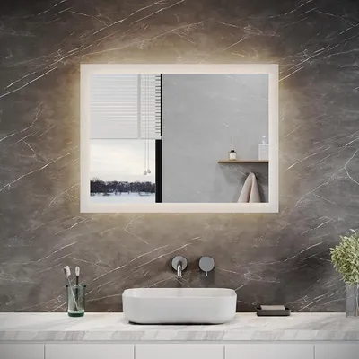 Image de Miroir de salle de bain éclairé, 80 x 60 cm, éclairage LED blanc chaud. Miroir avec éclairage, interrupteur mural, miroir lumineux pour salle de bain, 4000K, indice de protection IP44, économe en énergie