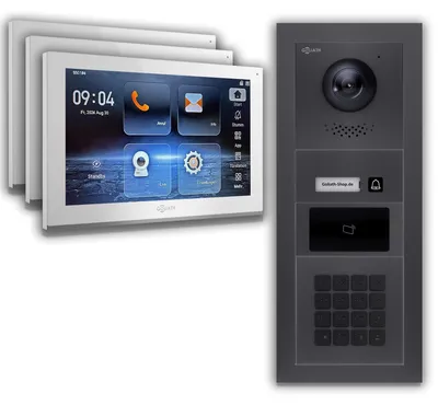 Produktbild von Goliath IP Video Türsprechanlage mit Kamera 10-Zoll Zahlencode RFID Anthrazit : 3 Monitore : 10 Zoll Weiß : Aufputz Dose Monitor Anzahl: 3 Monitore Monitor Farbe: 10 Zoll Weiß Montage: Aufputz Dose