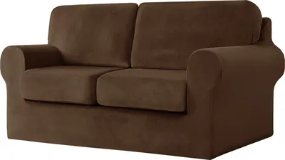 Produktbild von 2-Sitzer-Sofabezug mit 2 separaten Kissen und 2 Rückenlehnenbezügen, 5-teiliger Stretch-Sofabezug, Ersatz-Möbelschutz (Loveseat, Dunkelbraun)