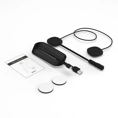 A product shot of a motorcycle helmet Bluetooth headset and its accessories on a white background.