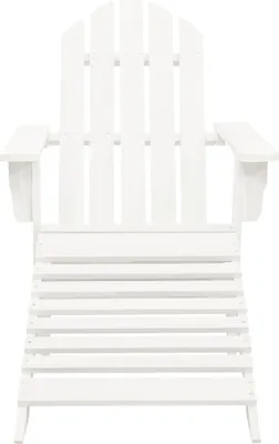 A white Adirondack garden chair with a footrest is shown from the front on a white background.