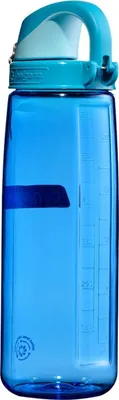 A blue Nalgene water bottle with a teal lid and handle, shown against a white background.