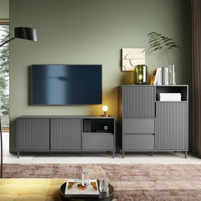 Produktbild von Wohnwand 300 cm Breite in Anthrazit modern mit Lowboard & Highboard, 2-teilig - AMELIA-129