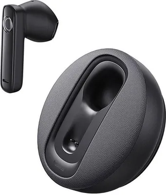 A black wireless earbud and its charging case are shown against a white background.
