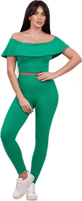 Produktbild von Damen Baumwoll-Kleidungsset Grün mit Rüschen, Bluse & Hose, Einheitsgröße