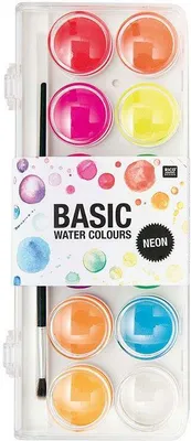 Image de Coffret de peinture à l'eau Rico Design Basic Neon / Coffret de peinture à l'encre - 12 couleurs à l'eau et 1 pinceau pour peindre à l'encre et à l'eau - Coffret de peinture