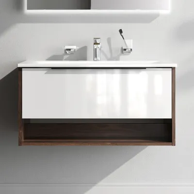 Produktbild von AM.PM Badmöbel Set Badezimmerschrank mit Waschbecken Hängender Waschbecken mit Unterschrank mit Soft Close, 80 cm, 1 Schublade, Weiß glänzend