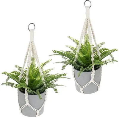 Image de Supports de fleurs en macramé en plastique, lot de 2, avec fleurs et herbe artificielles, 50 cm, pour intérieur et extérieur, balcon, terrasse, décoration murale