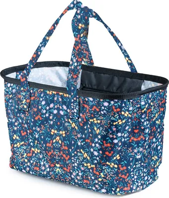 A blue shopping bag with a floral pattern.