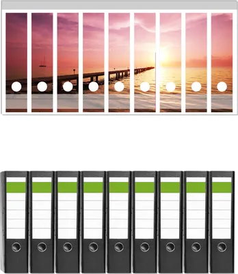 Produktbild von Wallario 9 Stück breite Ordner inkl. Klebeetiketten mit Motive Auf dem Weg zur Sonne  Steg am Meer -  Set mit Rückenschildern / Ordnerrücken Stickern