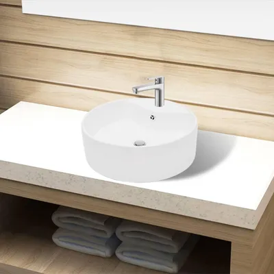 Image de Lavabo en céramique trou de robinet/trous de trop-plein blanc rond