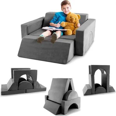 Produktbild von COSTWAY Modulares Kindersofa, Spielsofa, Modulsofa mit abnehmbarem Bezug, Kleinkind-Couch für Kinderzimmer zum Spielen, Gestalten & Schlafen (Grau)