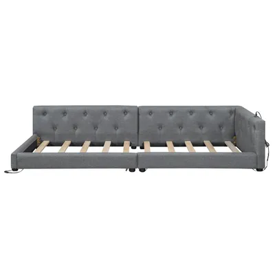 Produktbild von Flieks Tagesbett Daybed Schlafsofa 90x200cm mit USB & Type-c, Polsterbett Einzelbett mit LED, Sofabett Jugendbett mit Rückenklehne, Leinen, Grau