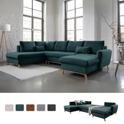 Produktbild von MIUFORM Scandic Lagom - Ecksofa mit Bettfunktion und Bettkasten U-FORM LINKS - 312x202 cm - Türkis - Sofa Schlafsofa Couch