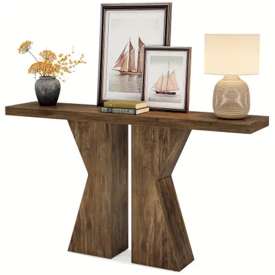 Image de Table d'entrée rustique en bois – Table d'appoint avec structure en forme de K – Table d'appoint étroite pour salon et entrée