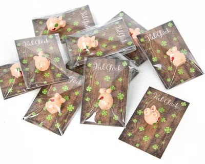 Produktbild von Kleine rosa grüne Glücksschweinchen + rustikale Viel Glück Kärtchen - 10 give aways