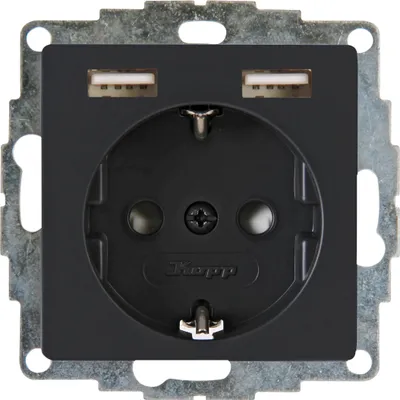 Produktbild von Kopp ATHENIS anthrazit Schutzkontakt Steckdose Schalter Rahmen + IP44 Feuchtraum Schutzkontakt-Steckdose mit 2 USB-Ladebuchsen