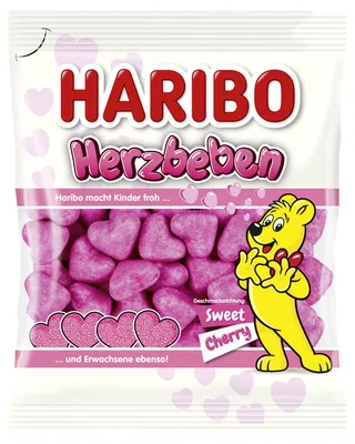 A bag of HARIBO Herzbeben cherry-flavored gummy candies.