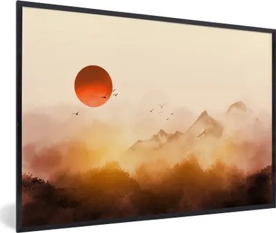 Produktbild von MuchoWow® Gerahmtes Poster Malerei - Sonne - Landschaft - Vögel 90x60 cm - Poster mit Schwarzem Bilderrahmen Wandposter Rahmen Foto Bilder - Fotorahmen - Foto-Plakat