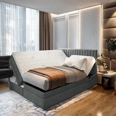 Produktbild von TRADA Adele Boxspringbett 160x200 Elektrisch verstellbar Taschenfederkern Doppelmatratze 9 Zonen Topper Bett mit Bettkasten Velour Stoff Dunkelgrau