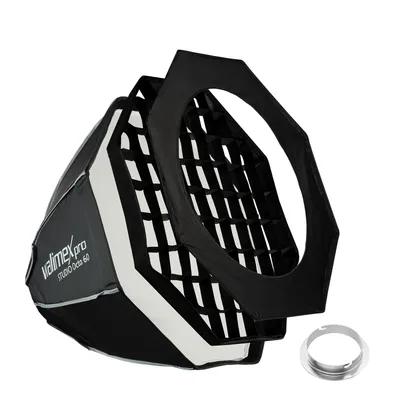Image de Walimex pro Studio Octobox 60cm + adaptateur Elinchrom (15,2 cm) – Rotation 360°, montage facile, avec grille, masque, adaptateur Bowens, sac de transport