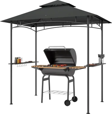 Produktbild von Grillpavillon mit LED 240 x 150 x 258 cm wasserabweisend flammhemmend Gartenpavillon mit Doppelschichtdach, Seitenregalen, Gartenlauben mit UV-Schutz, BBQ Pavillon für Party BBQ Dunkelgrau Aosom