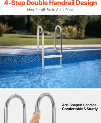 Produktbild von Schwimmbadleiter, 4-stufige Treppe mit Doppelhandlauf, Pool Einstieg aus Edelstahl, 120 kg Tragfähigkeit, für 137 cm Einbaupools mit montiertem Deckbrett im Innen- und Außenbereich